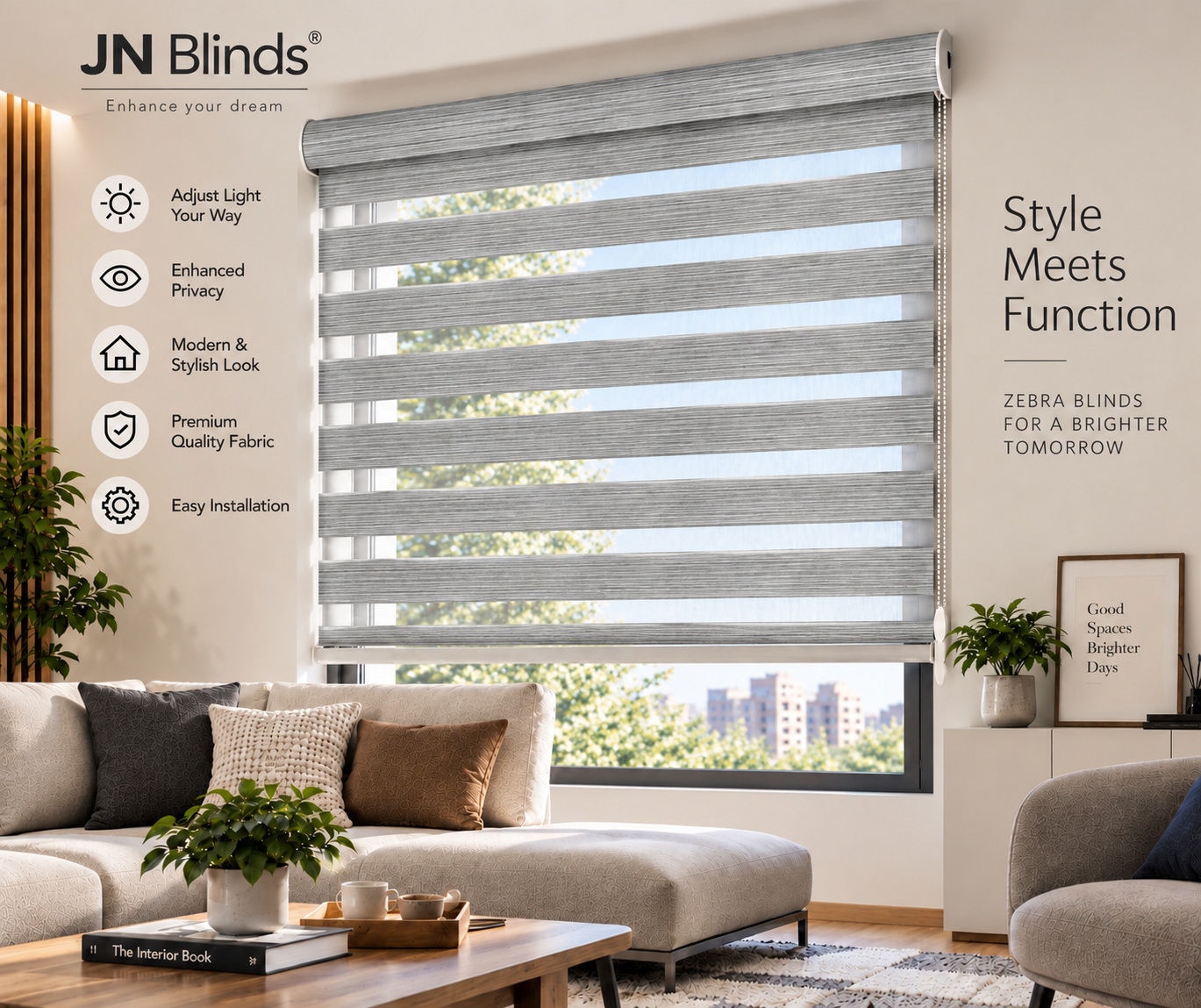 JN Blinds® Zebra Blinds for Windows | Dual Layer Day & Night Roller Blinds | Light Filtering Privacy Shades | Customizable Size | Modern Window Blinds | Light Grey