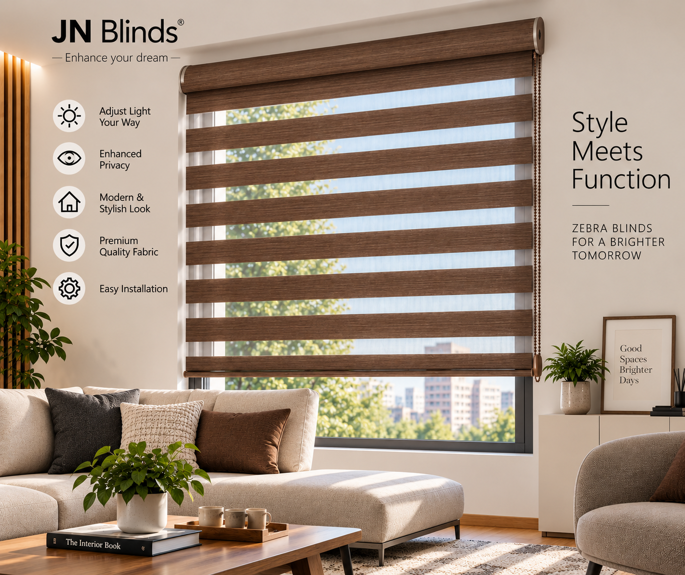 JN Blinds® Zebra Blinds for Windows | Dual Layer Day & Night Roller Blinds | Light Filtering Privacy Shades | Customizable Size | Modern Window Blinds | Brown color