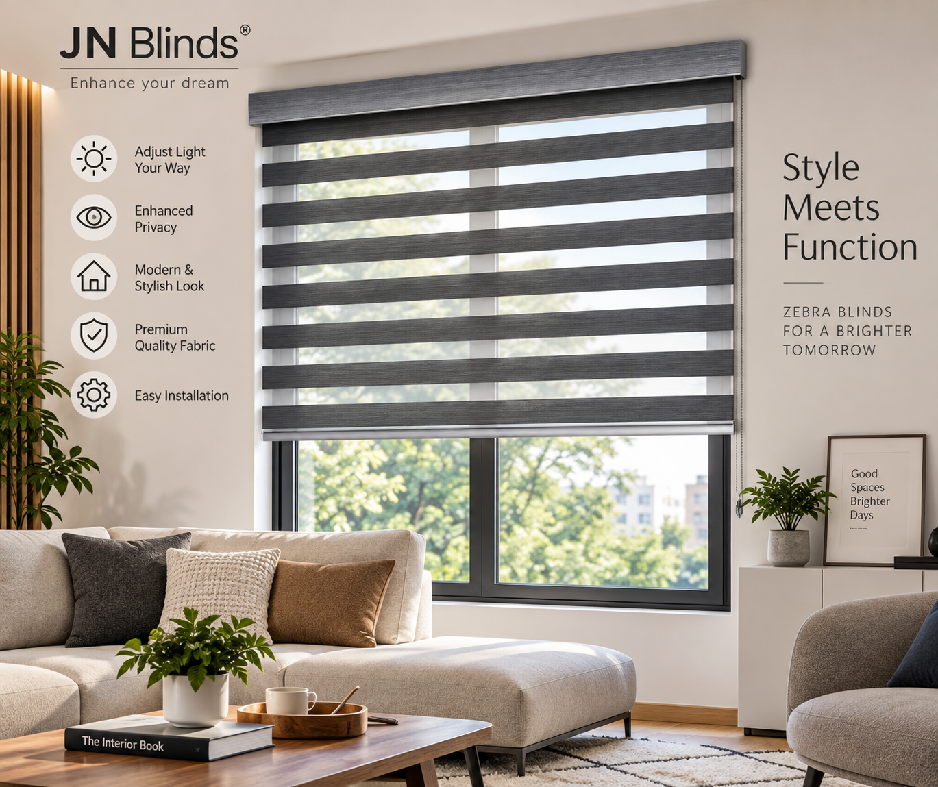JN Blinds® Zebra Blinds for Windows | Dual Layer Day & Night Roller Blinds | Light Filtering Privacy Shades | Customizable Size | Modern Window Blinds | Dark Grey