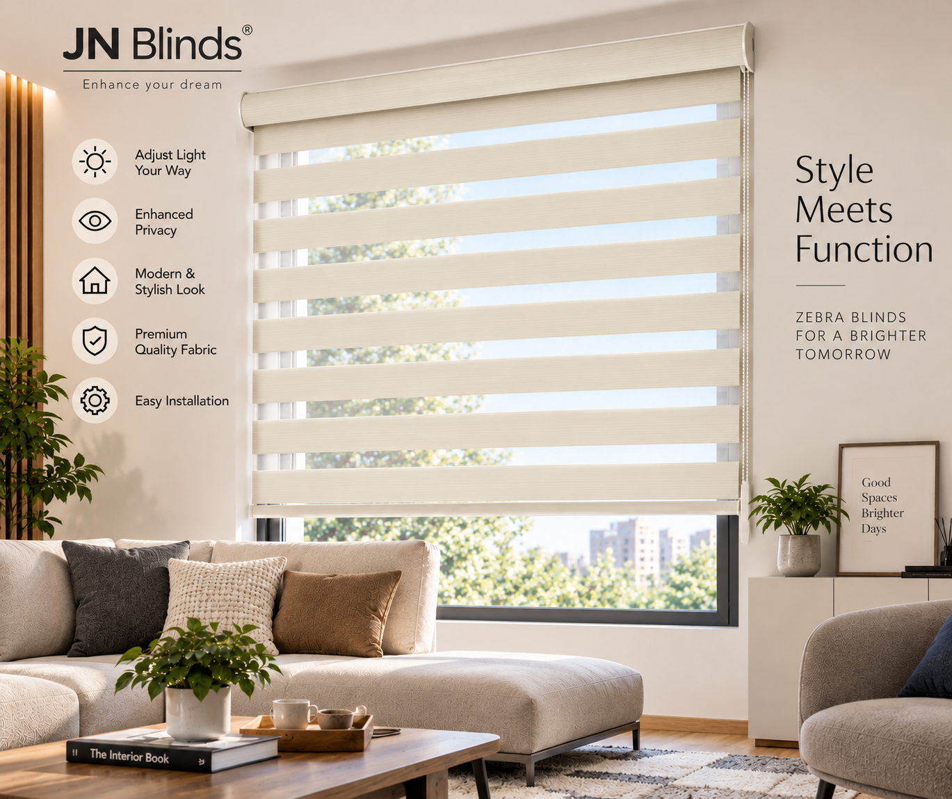 JN Blinds® Zebra Blinds for Windows | Dual Layer Day & Night Roller Blinds | Light Filtering Privacy Shades | Customizable Size | Modern Window Blinds | Ivory